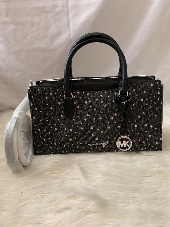 Michael Kors Handbags - MICHAEL KORS Arden Signature Logo Star Medium Satchel in Black/Silver